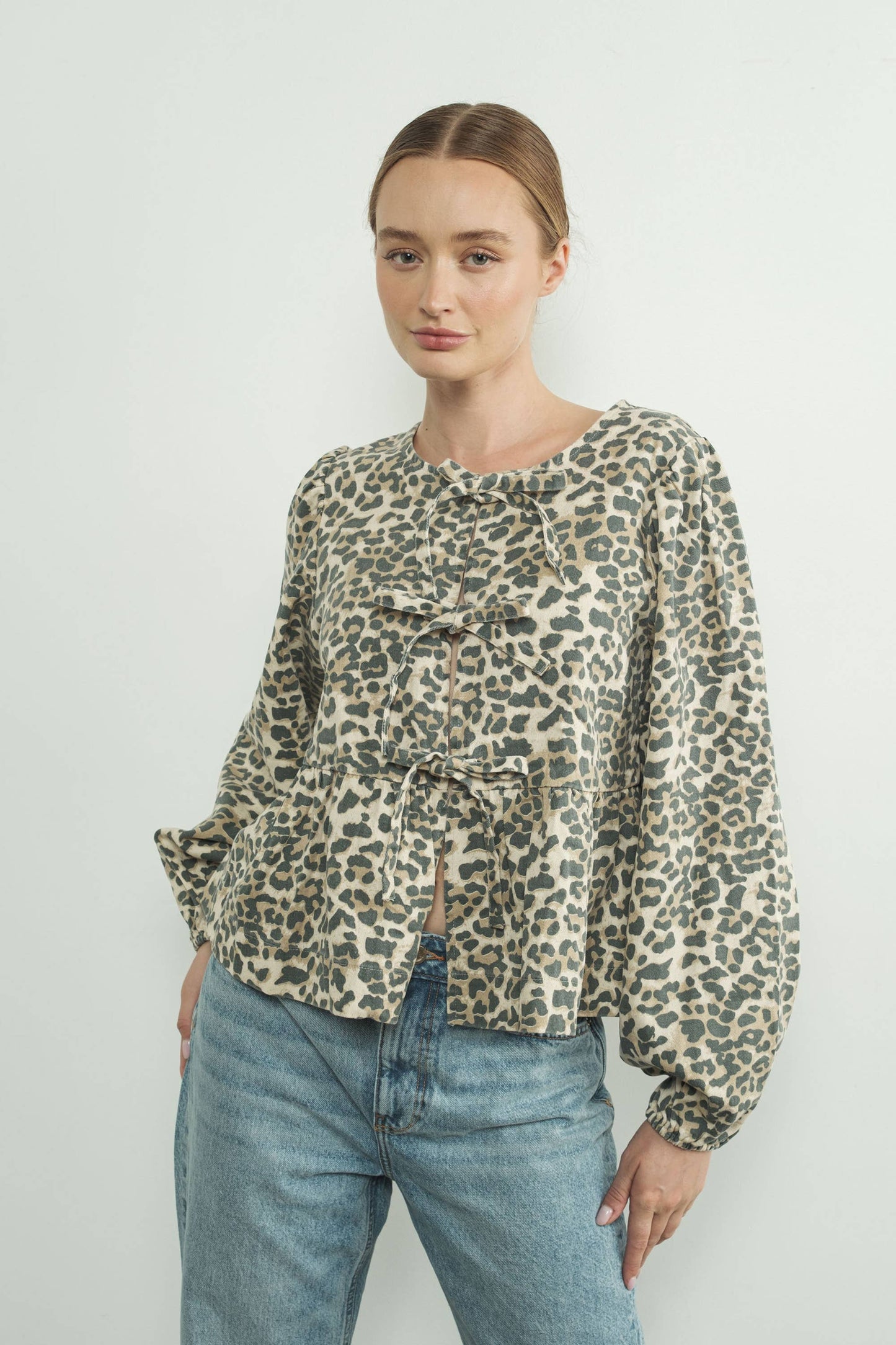 Leopard Tie Front Blouse