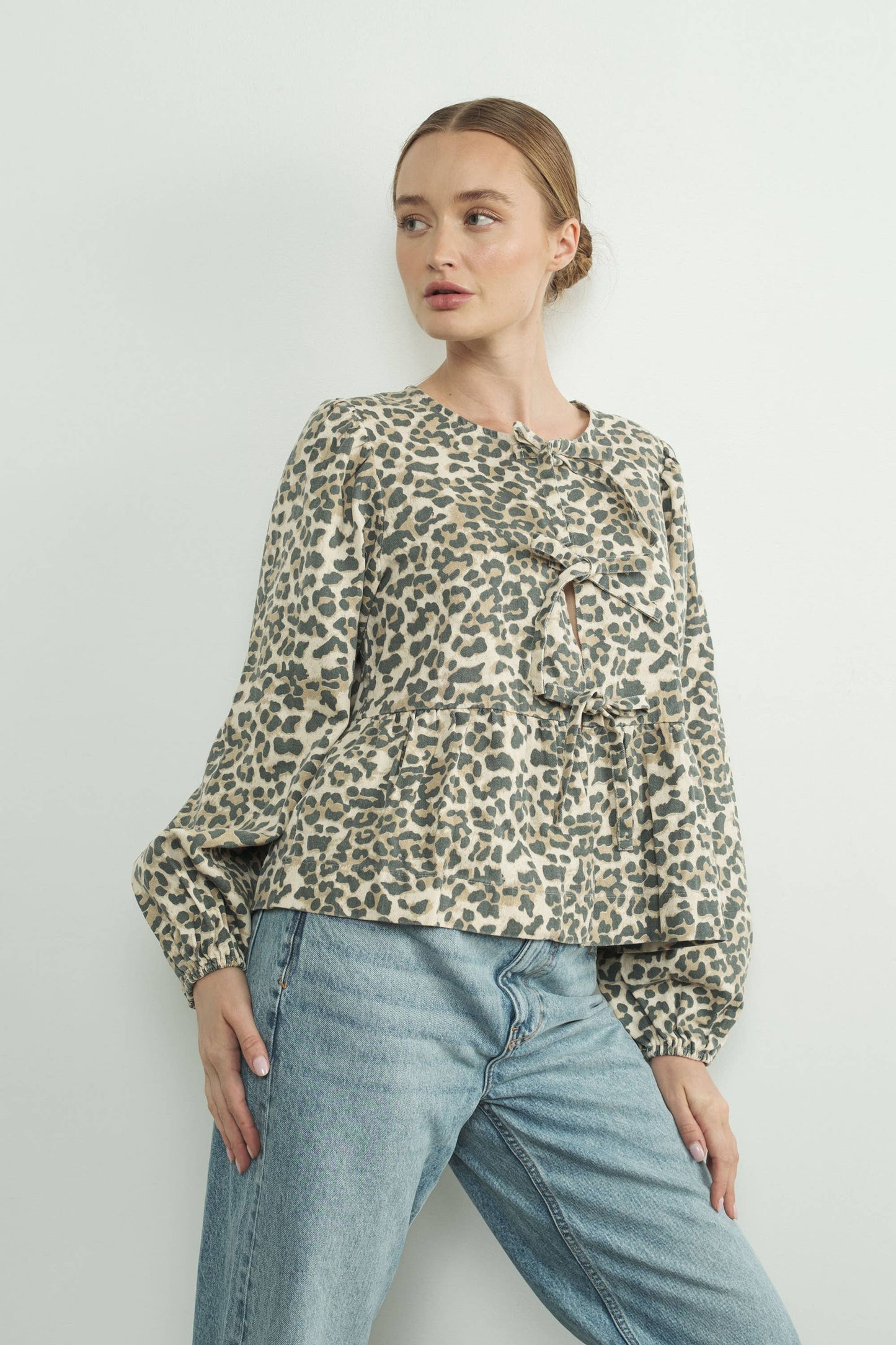 Leopard Tie Front Blouse