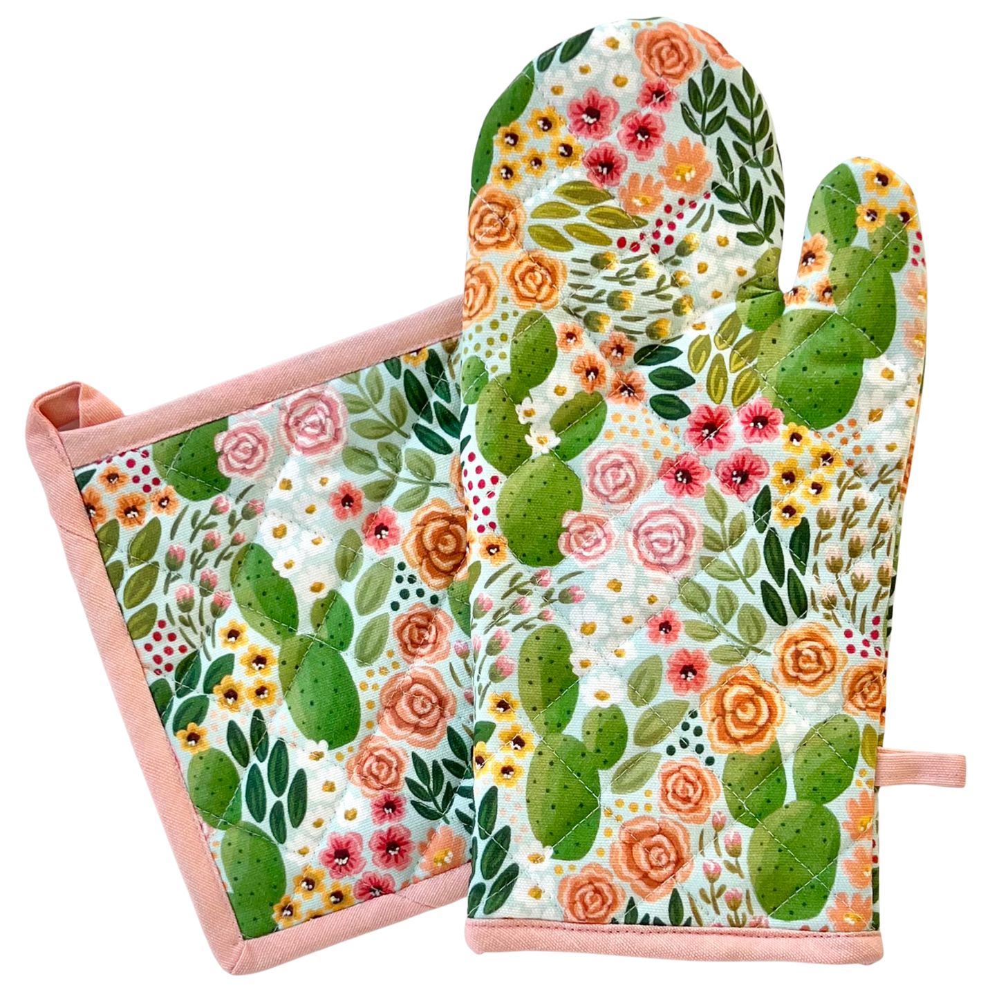 Cactus Blooms Oven Mitt + Pot Holder Set