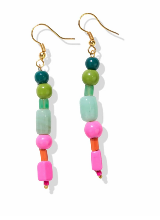 Pink and Green Glass Bead Drop Earrings