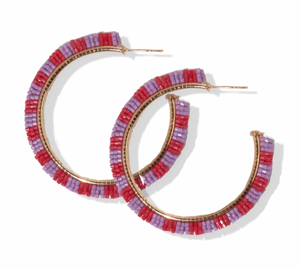 Red & Lilac Striped Hoop Earrings