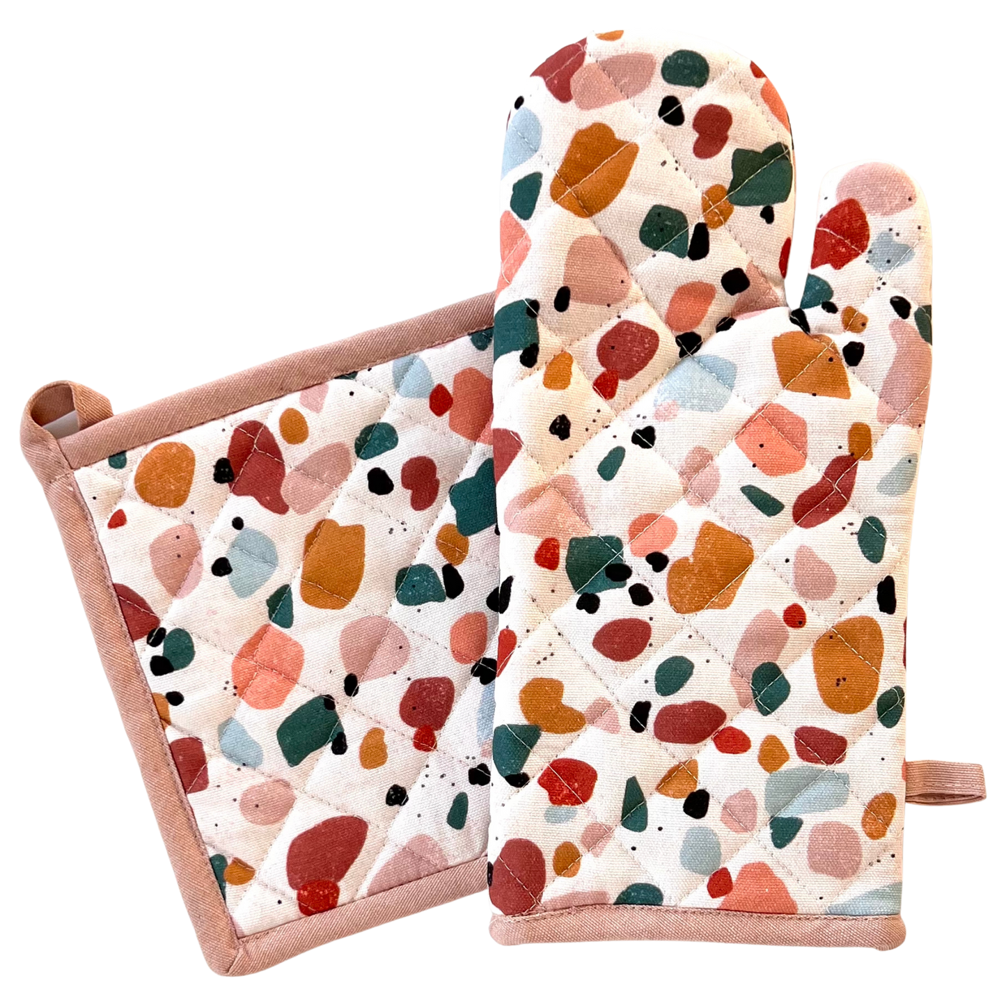 Pink Terrazzo Oven Mitt + Pot Holder Set