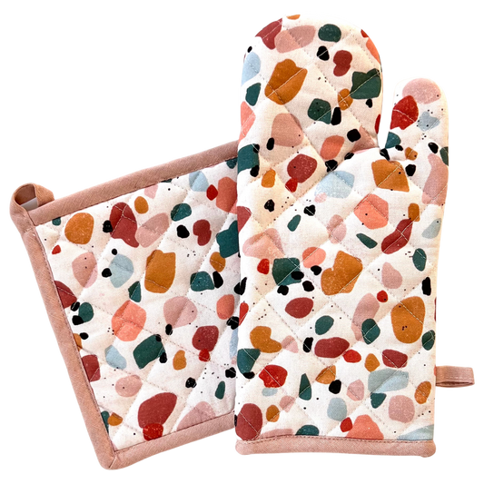 Pink Terrazzo Oven Mitt + Pot Holder Set